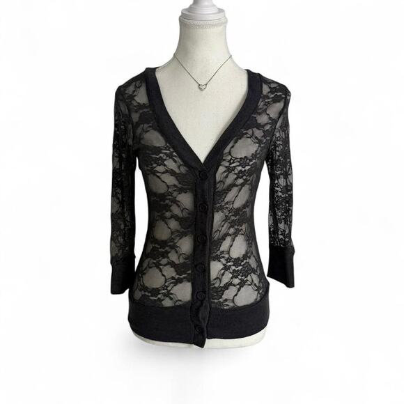 Zenana Outfitters Tops - Lace Button Up Sheer Layering Top - Sweater Size Medium